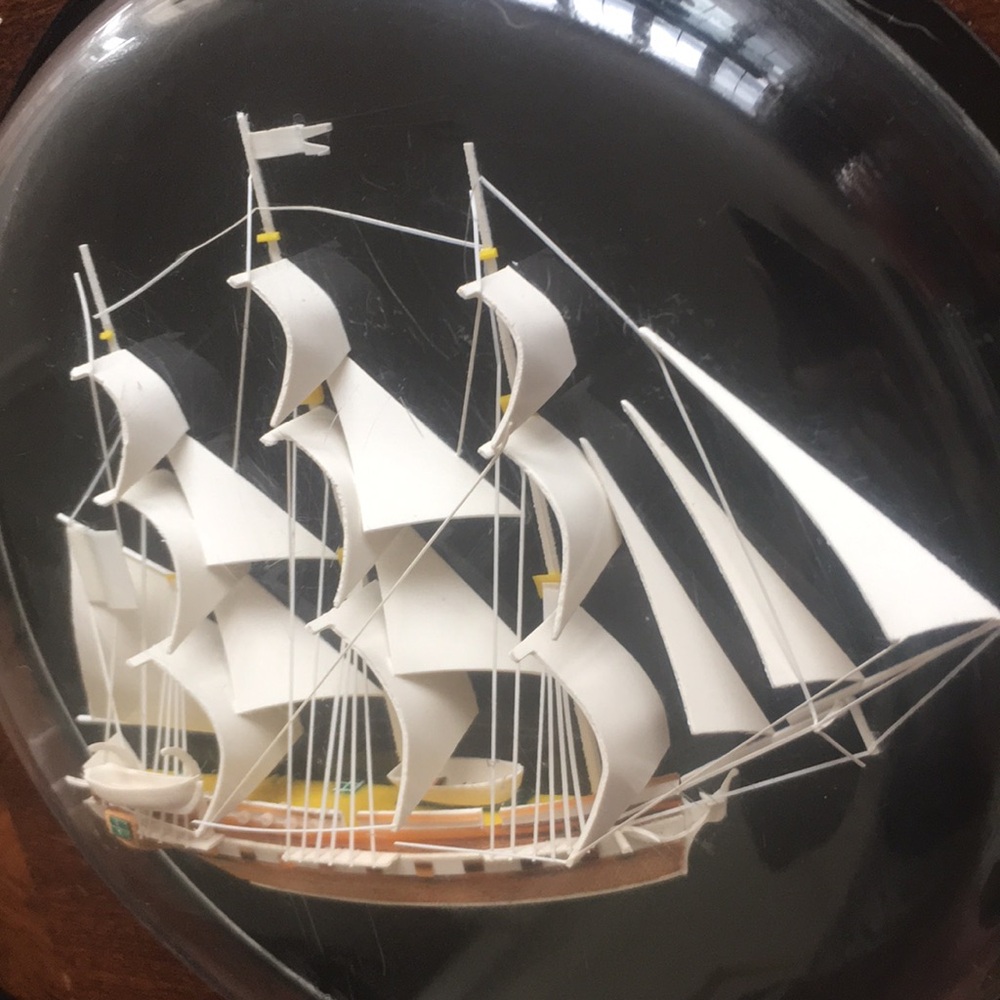 Vintage Handmade 3D Sail Ship Bubble Glass Wall Plaque Cherry Wood Base Signed